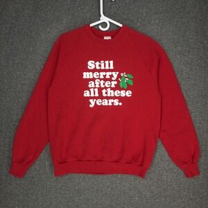 Vintage Christmas Sweatshirt Jerzees Adult Size Large Red Graphic Print USA Made